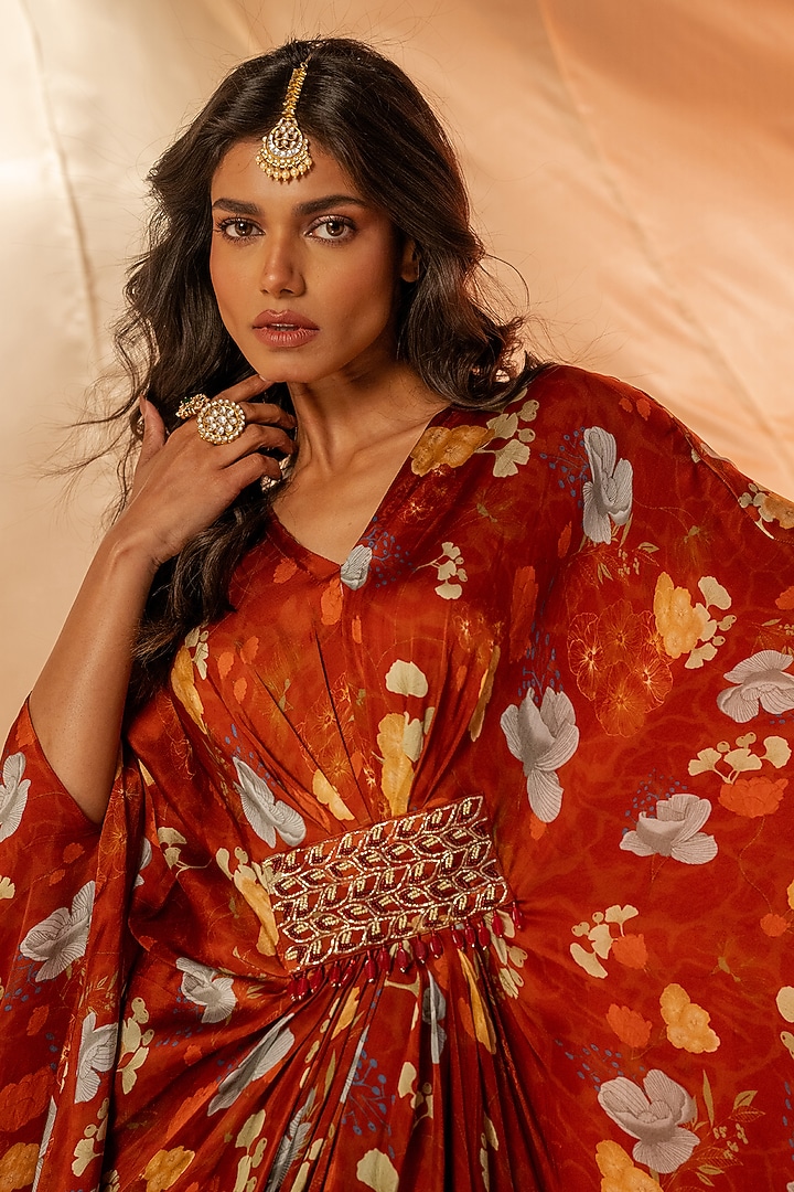 Red Bamberg Satin Embroidered Kaftan-Style Vacation Dress by Shristi Chetani at Pernia's Pop Up Shop