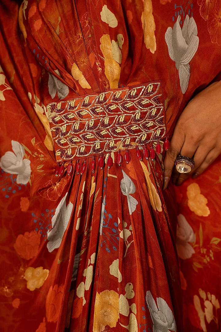 Red Bamberg Satin Embroidered Kaftan-Style Vacation Dress by Shristi Chetani at Pernia's Pop Up Shop