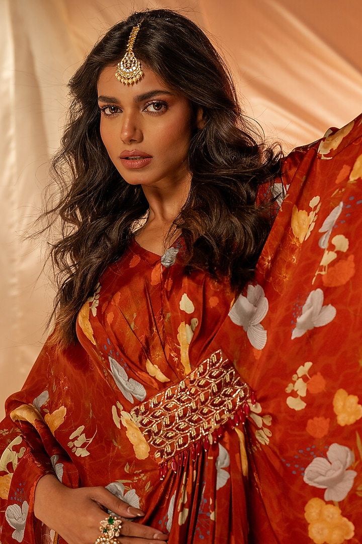 Red Bamberg Satin Embroidered Kaftan-Style Vacation Dress by Shristi Chetani at Pernia's Pop Up Shop