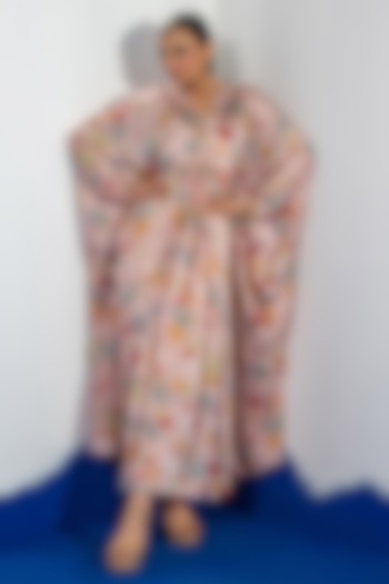 Pink Bamberg Satin Embroidered Kaftan-Style Vacation Dress by Shristi Chetani at Pernia's Pop Up Shop