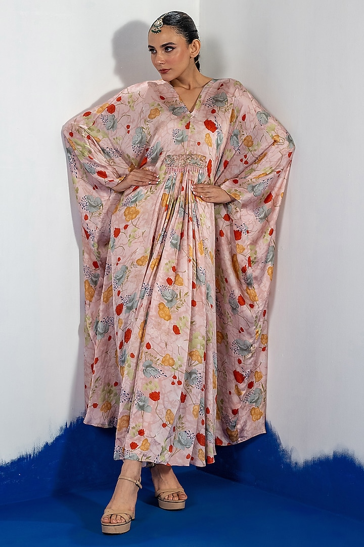 Pink Bamberg Satin Embroidered Kaftan-Style Vacation Dress by Shristi Chetani at Pernia's Pop Up Shop