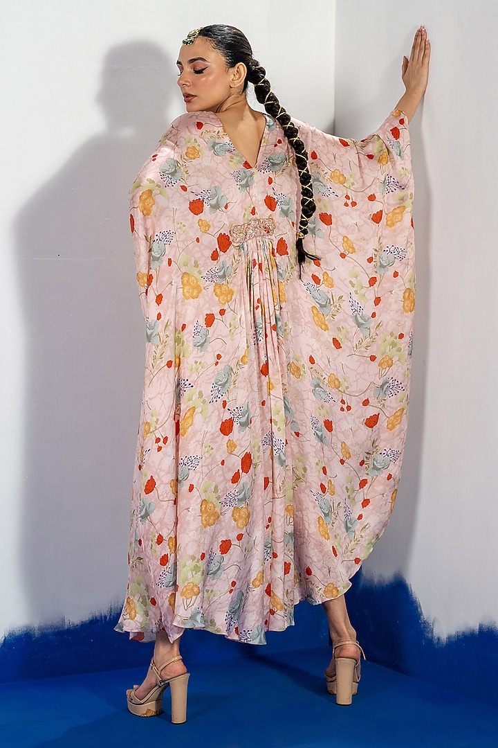 Pink Bamberg Satin Embroidered Kaftan-Style Vacation Dress by Shristi Chetani at Pernia's Pop Up Shop