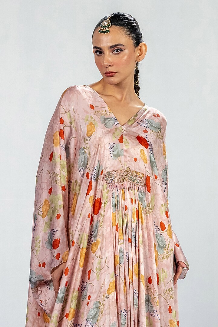 Pink Bamberg Satin Embroidered Kaftan-Style Vacation Dress by Shristi Chetani at Pernia's Pop Up Shop