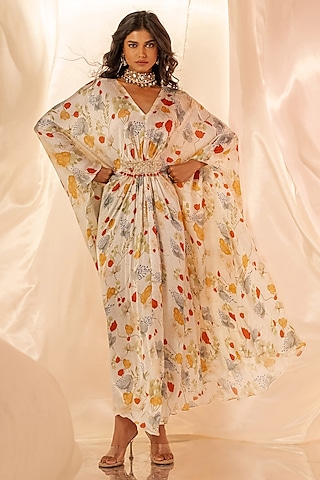 Wine Bamberg Satin Embroidered Kaftan-Style Dress by Shristi Chetani