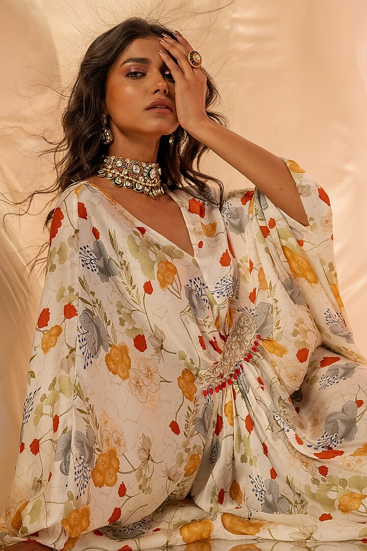 Wine Bamberg Satin Embroidered Kaftan-Style Vacation Dress by Shristi Chetani at Pernia's Pop Up Shop