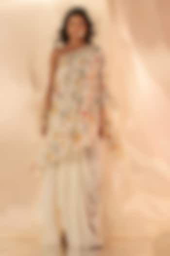 White Bamberg Satin Dhoti-Style Draped Skirt Set by Shristi Chetani at Pernia's Pop Up Shop