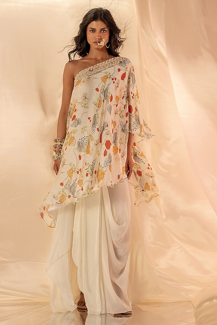 White Bamberg Satin Dhoti-Style Draped Skirt Set by Shristi Chetani at Pernia's Pop Up Shop
