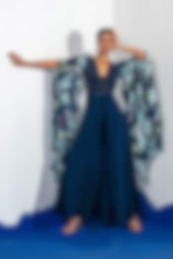 Blue Natural Crepe Bamberg Satin Embroidered Jumpsuit by Shristi Chetani at Pernia's Pop Up Shop