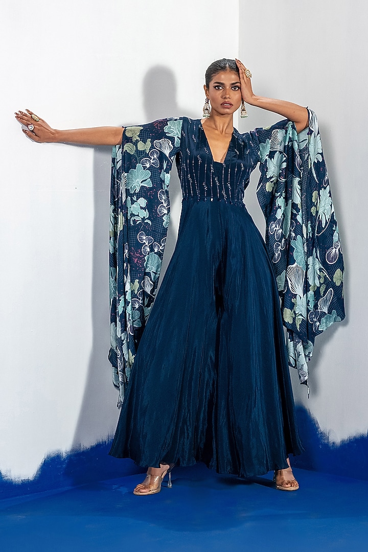 Blue Natural Crepe Bamberg Satin Embroidered Jumpsuit by Shristi Chetani at Pernia's Pop Up Shop