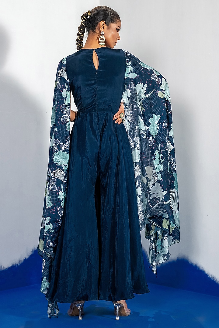Blue Natural Crepe Bamberg Satin Embroidered Jumpsuit by Shristi Chetani at Pernia's Pop Up Shop