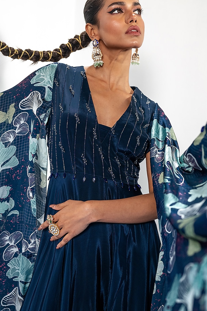 Blue Natural Crepe Bamberg Satin Embroidered Jumpsuit by Shristi Chetani at Pernia's Pop Up Shop