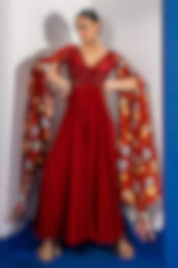 Red Natural Crepe Bamberg Satin Embroidered Jumpsuit by Shristi Chetani at Pernia's Pop Up Shop