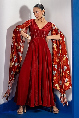 Red Natural Crepe Bamberg Satin Embroidered Jumpsuit by Shristi Chetani