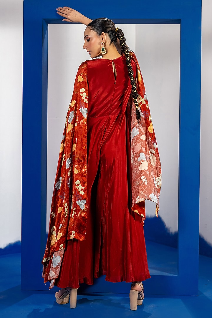 Red Natural Crepe Bamberg Satin Embroidered Jumpsuit by Shristi Chetani at Pernia's Pop Up Shop