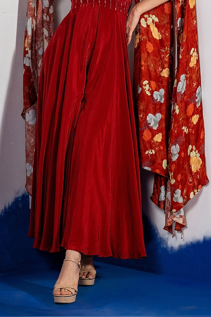 Red Natural Crepe Bamberg Satin Embroidered Jumpsuit by Shristi Chetani at Pernia's Pop Up Shop