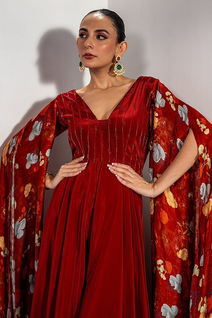 Red Natural Crepe Bamberg Satin Embroidered Jumpsuit by Shristi Chetani at Pernia's Pop Up Shop