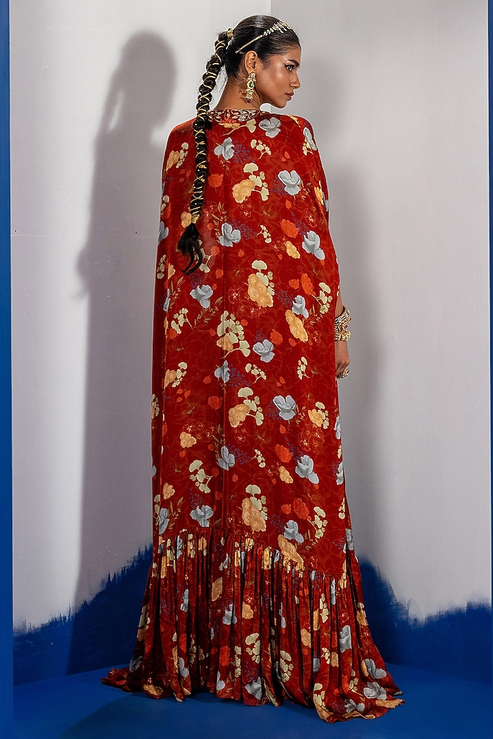 Red Bamberg Satin Draped Skirt Set by Shristi Chetani at Pernia's Pop Up Shop