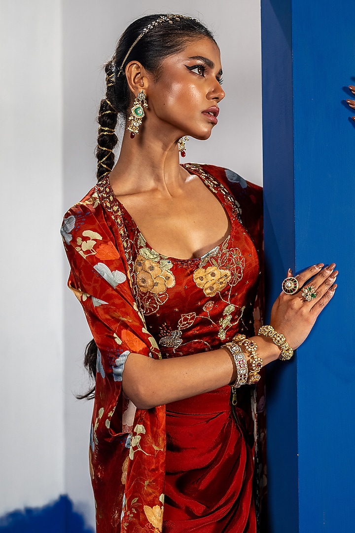Red Bamberg Satin Draped Skirt Set by Shristi Chetani at Pernia's Pop Up Shop