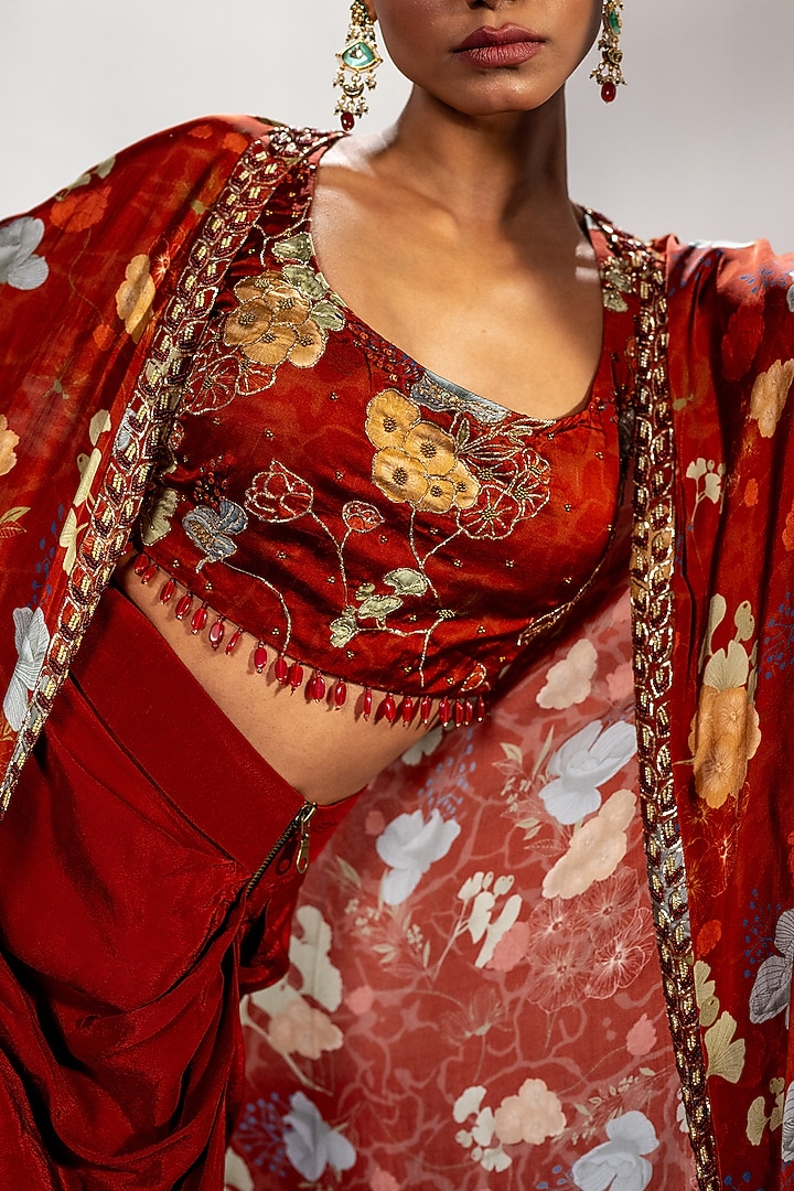 Red Bamberg Satin Draped Skirt Set by Shristi Chetani at Pernia's Pop Up Shop