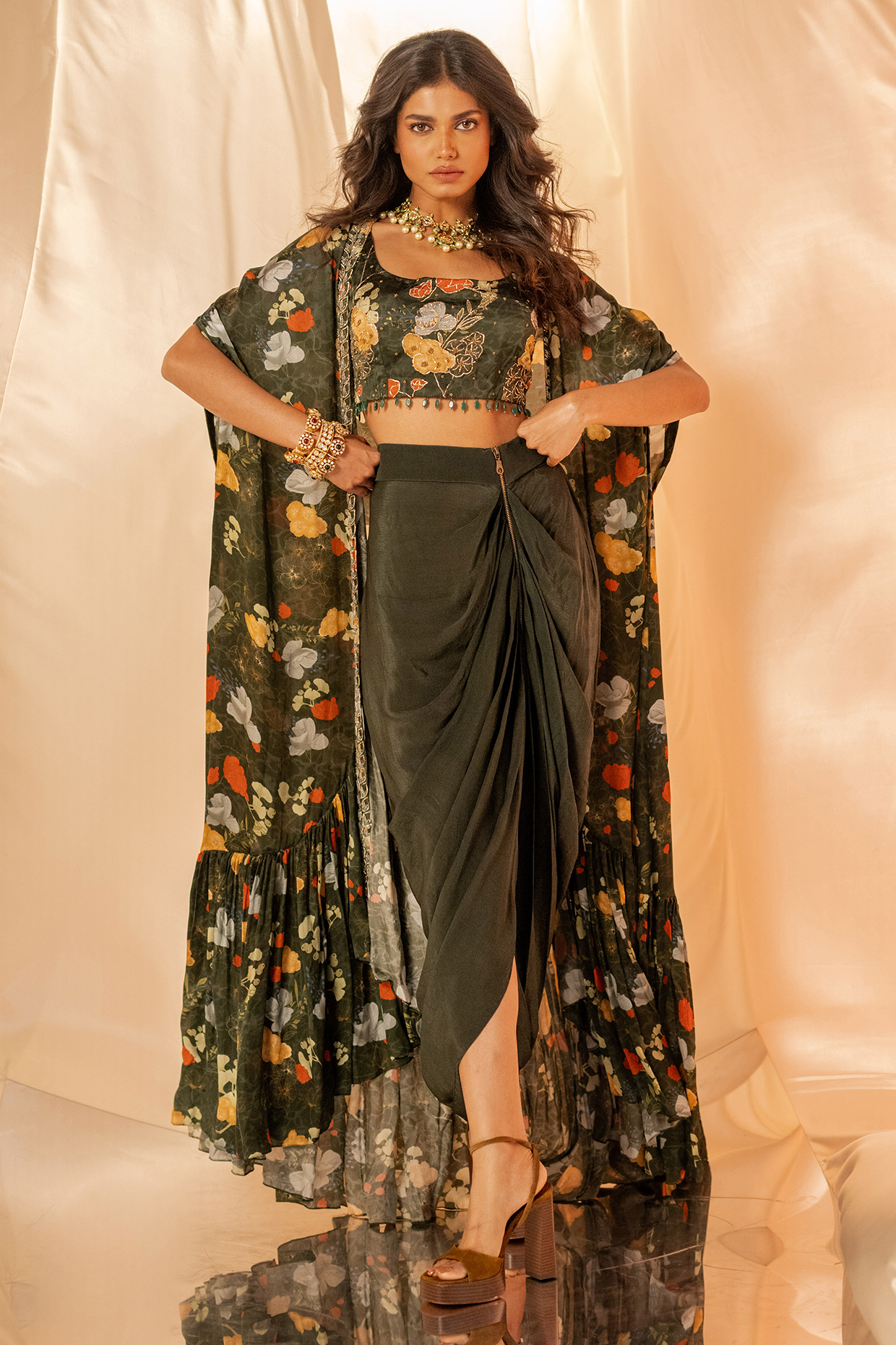 Green Bamberg Satin Draped Skirt Set by Shristi Chetani at Pernia's Pop Up Shop