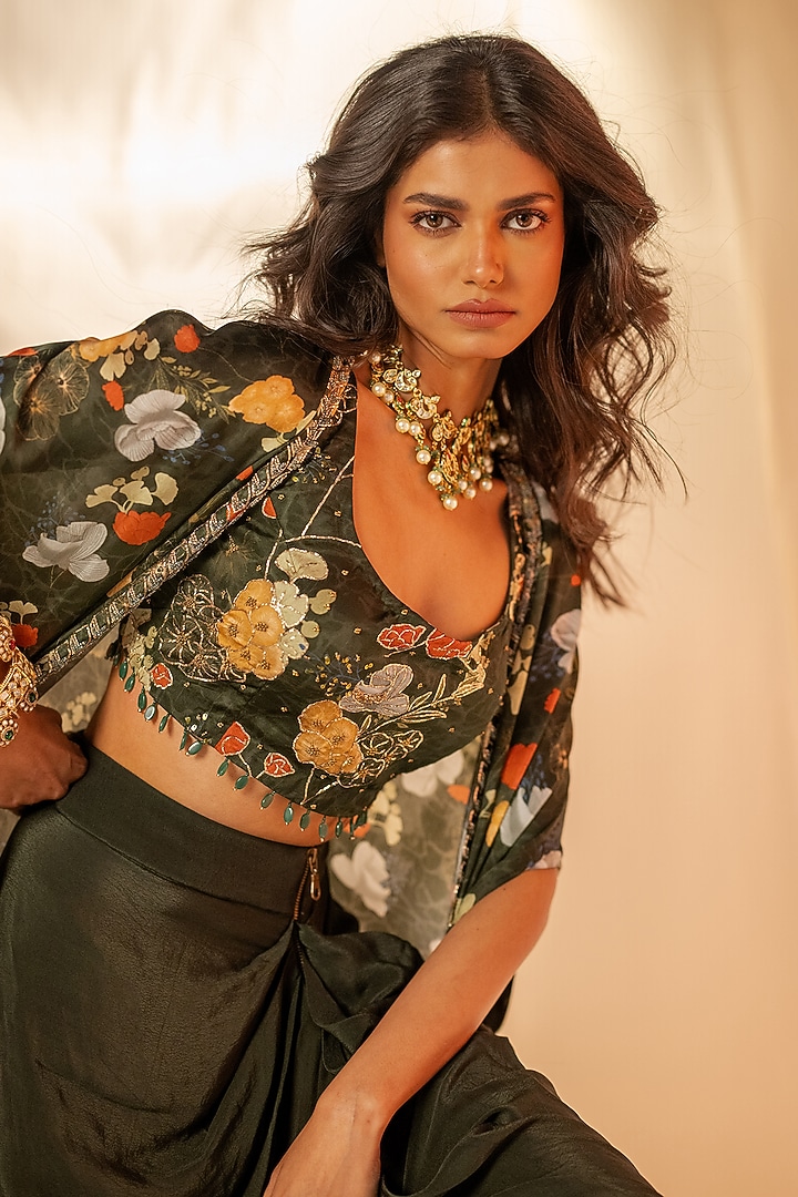 Green Bamberg Satin Draped Skirt Set by Shristi Chetani at Pernia's Pop Up Shop