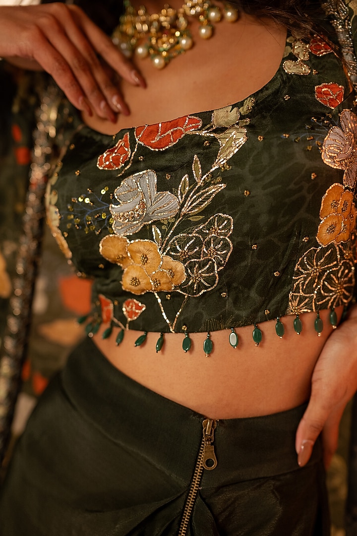 Green Bamberg Satin Draped Skirt Set by Shristi Chetani at Pernia's Pop Up Shop