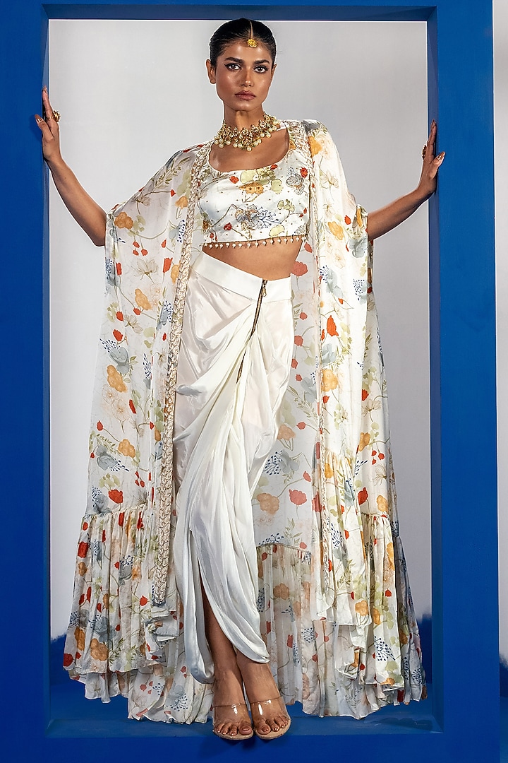 White Bamberg Satin Draped Skirt Set by Shristi Chetani at Pernia's Pop Up Shop