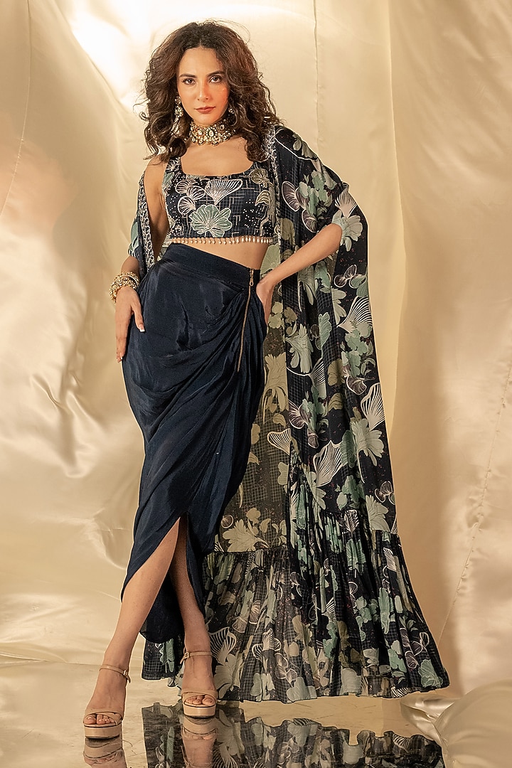 Blue Bamberg Satin Draped Skirt Set by Shristi Chetani at Pernia's Pop Up Shop