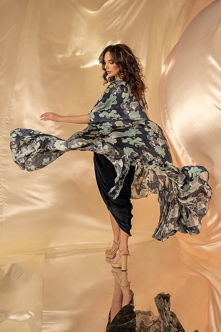 Blue Bamberg Satin Draped Skirt Set by Shristi Chetani at Pernia's Pop Up Shop