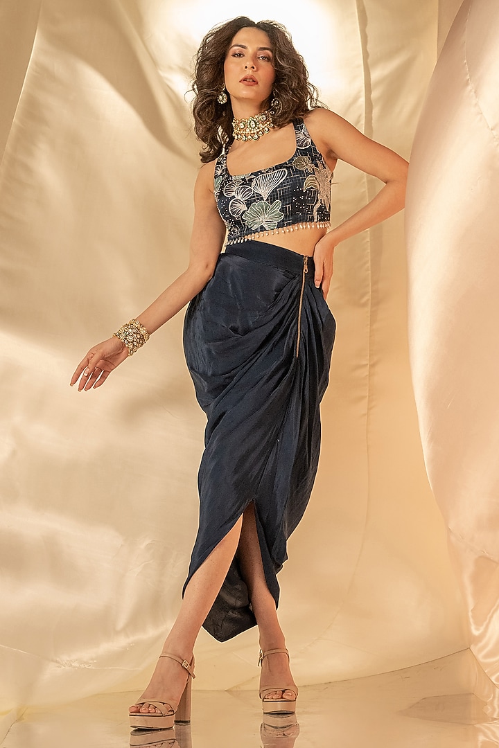 Blue Bamberg Satin Draped Skirt Set by Shristi Chetani at Pernia's Pop Up Shop