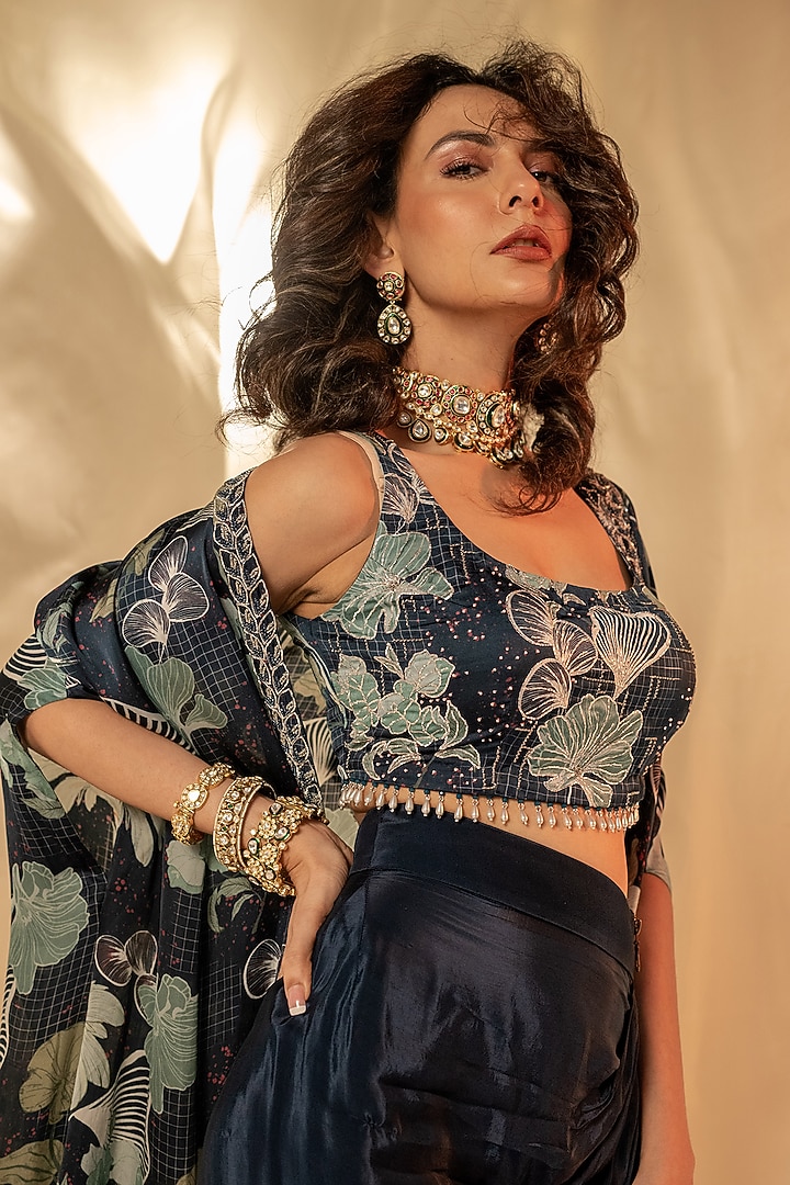 Blue Bamberg Satin Draped Skirt Set by Shristi Chetani at Pernia's Pop Up Shop