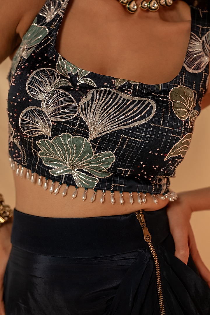 Blue Bamberg Satin Draped Skirt Set by Shristi Chetani at Pernia's Pop Up Shop