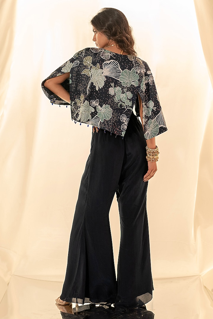 Blue Bamberg Satin & Natural Crepe A-Line Pant Set by Shristi Chetani at Pernia's Pop Up Shop
