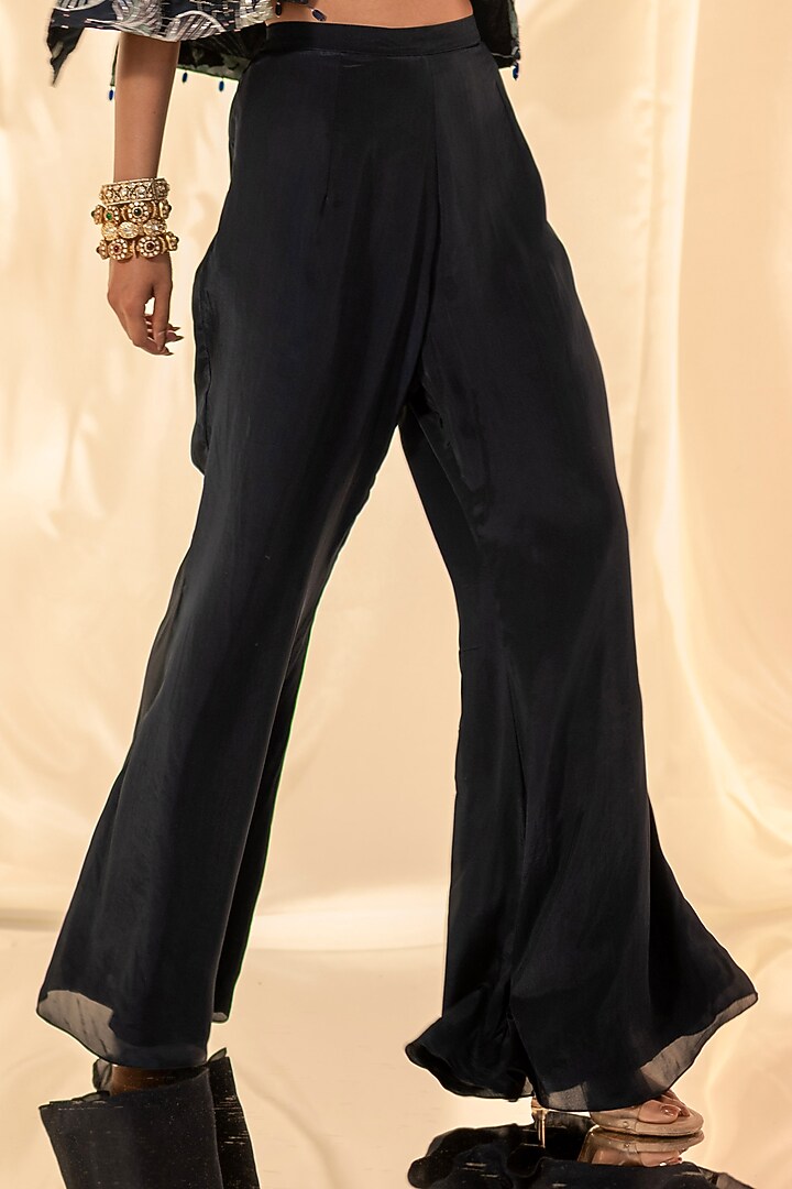 Blue Bamberg Satin & Natural Crepe A-Line Pant Set by Shristi Chetani at Pernia's Pop Up Shop