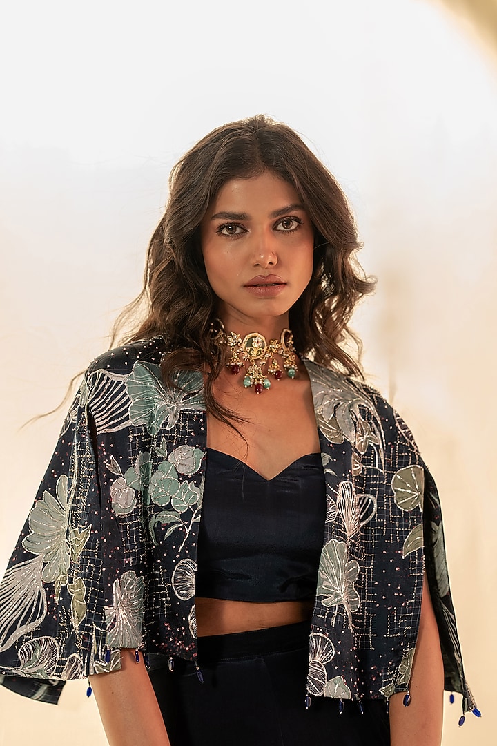 Blue Bamberg Satin & Natural Crepe A-Line Pant Set by Shristi Chetani at Pernia's Pop Up Shop