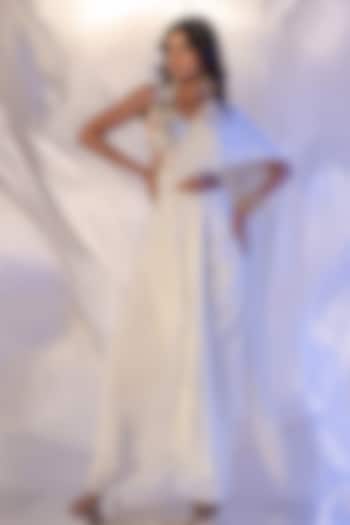 White Bamberg Satin & Natural Crepe Draped Party Wear Saree Set by Shristi Chetani at Pernia's Pop Up Shop
