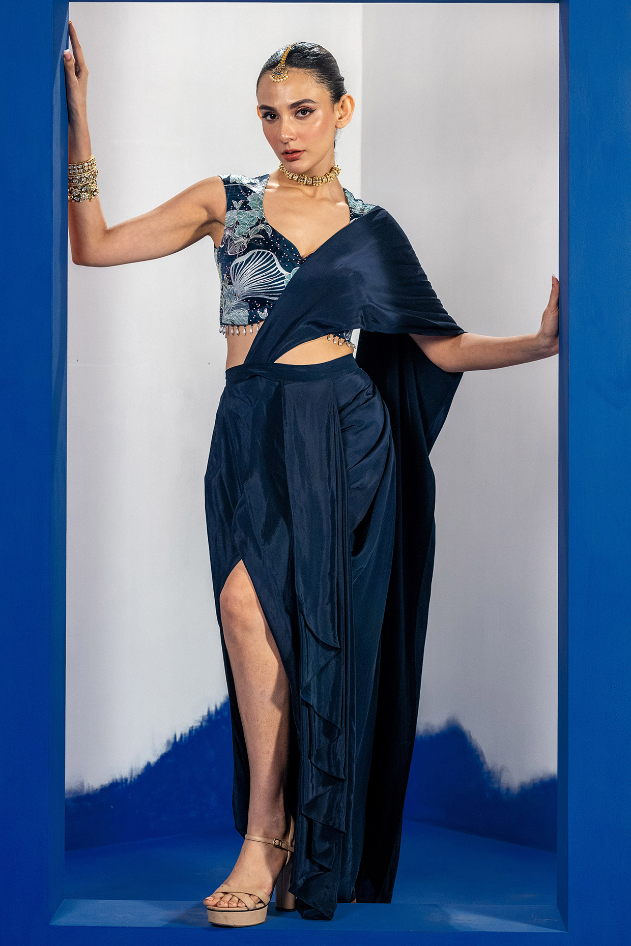 Blue Bamberg Satin & Natural Crepe Draped Saree Set by Shristi Chetani at Pernia's Pop Up Shop