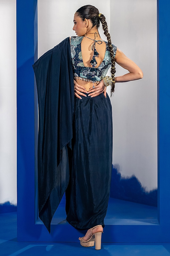 Blue Bamberg Satin & Natural Crepe Draped Party Wear Saree Set by Shristi Chetani at Pernia's Pop Up Shop