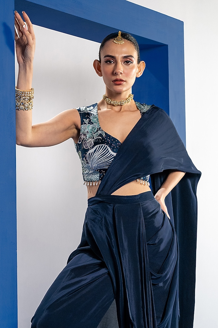 Blue Bamberg Satin & Natural Crepe Draped Party Wear Saree Set by Shristi Chetani at Pernia's Pop Up Shop