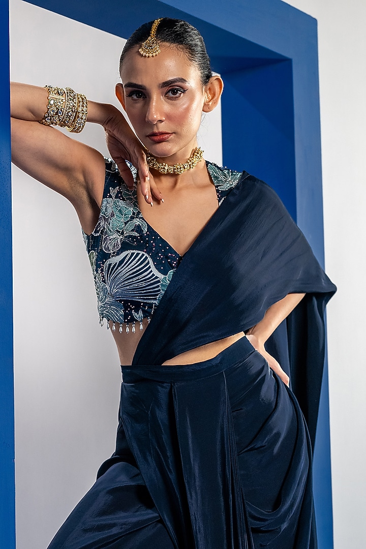 Blue Bamberg Satin & Natural Crepe Draped Party Wear Saree Set by Shristi Chetani at Pernia's Pop Up Shop