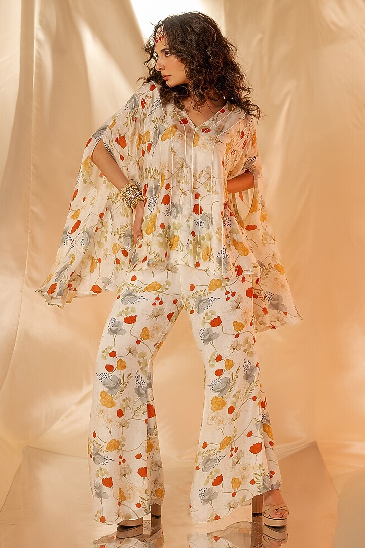 White Bamberg Satin Printed Flared Pant Set by Shristi Chetani at Pernia's Pop Up Shop
