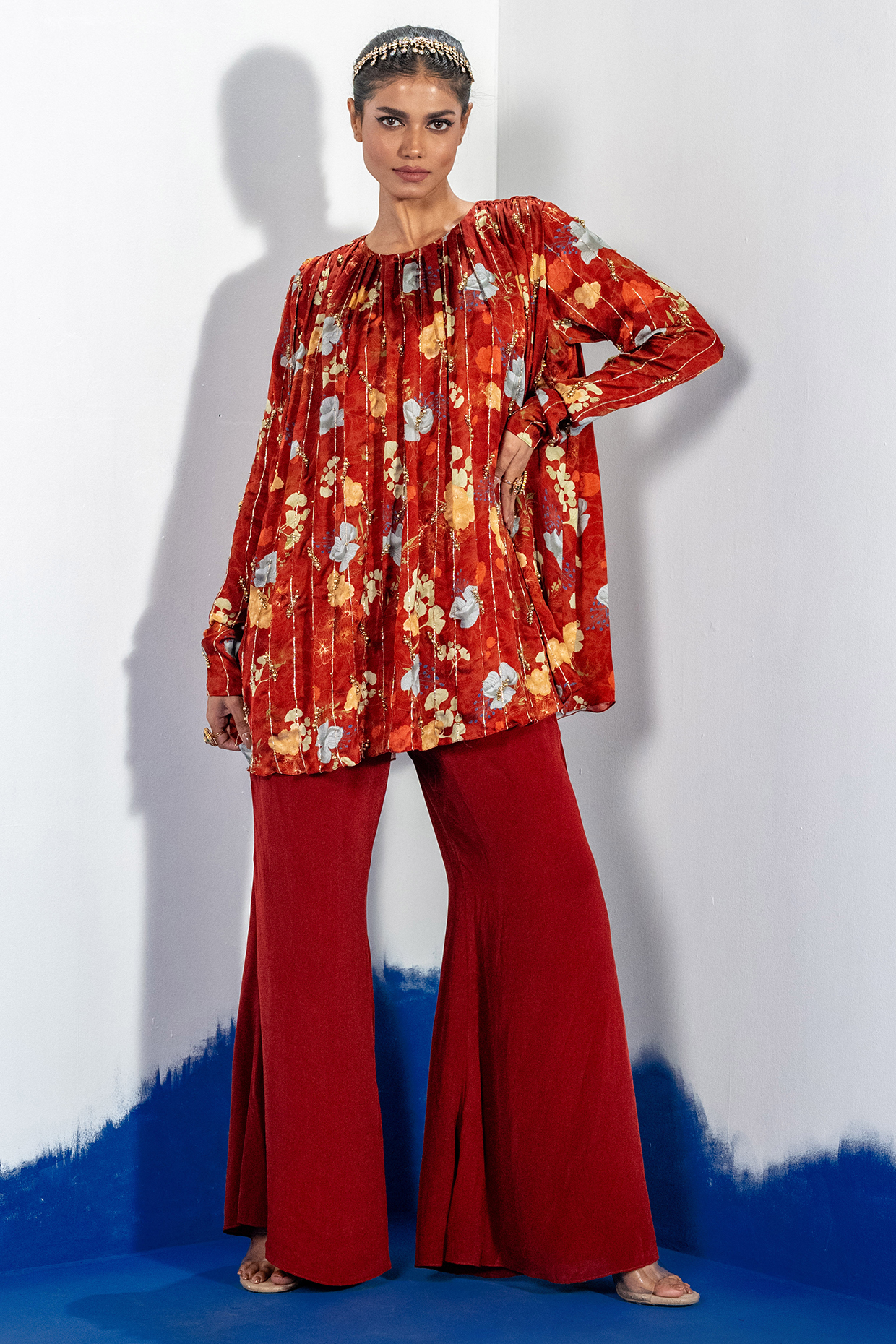 Red Bamberg Satin Embroidered Gathered Kurta Set by Shristi Chetani at Pernia's Pop Up Shop