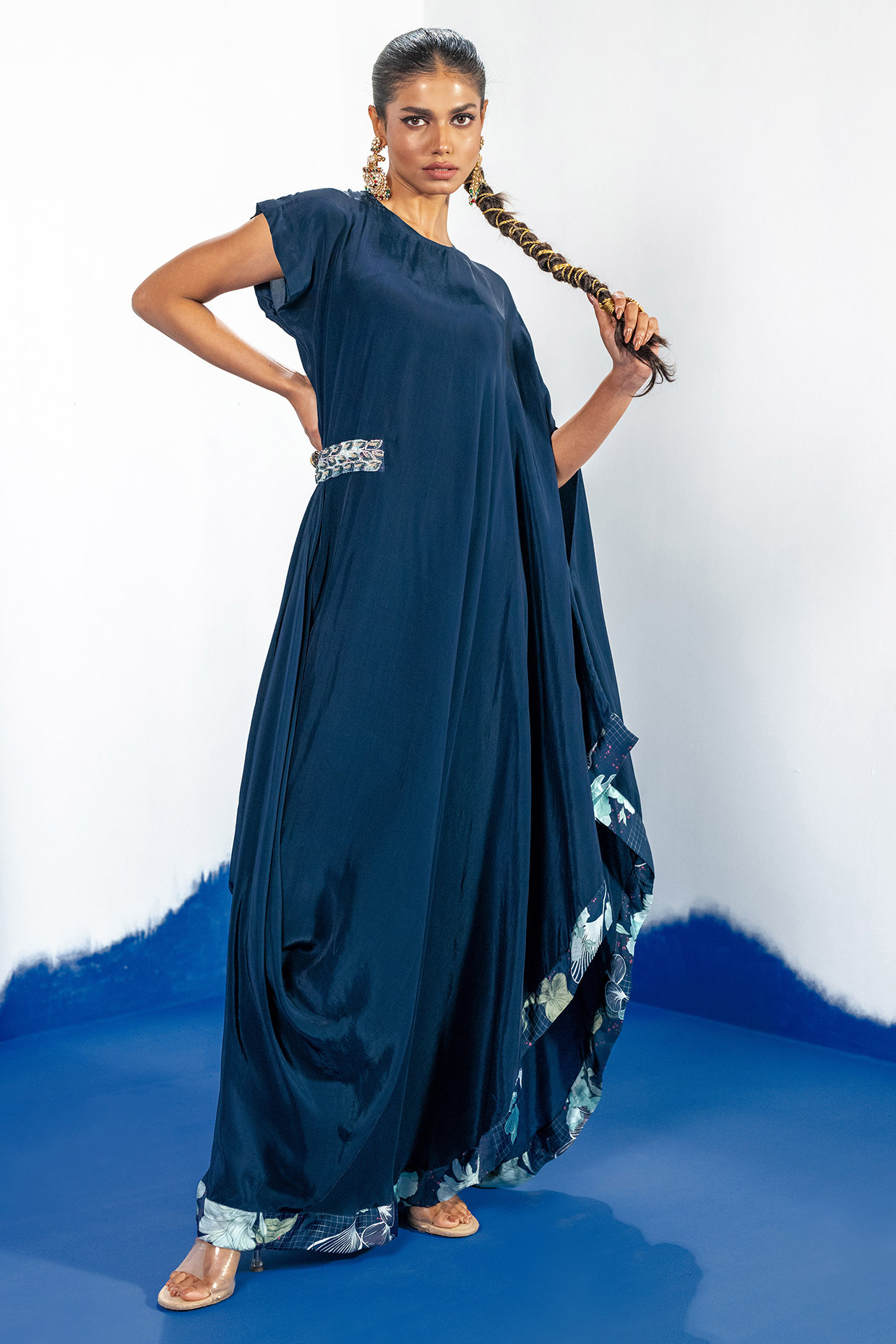 Blue Bamberg Satin & Natural Crepe Draped Summer Dress by Shristi Chetani at Pernia's Pop Up Shop