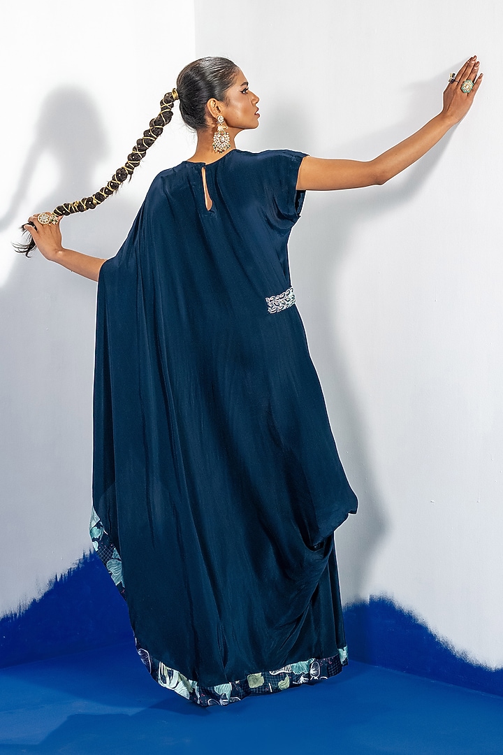 Blue Bamberg Satin & Natural Crepe Draped Summer Dress by Shristi Chetani at Pernia's Pop Up Shop