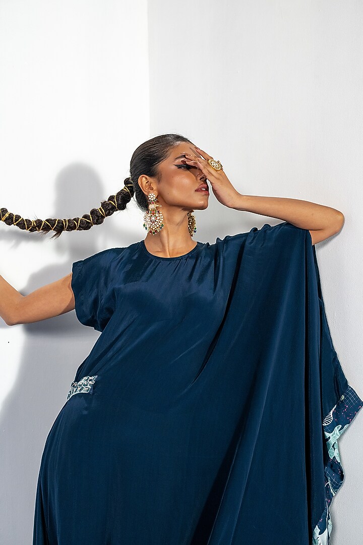 Blue Bamberg Satin & Natural Crepe Draped Summer Dress by Shristi Chetani at Pernia's Pop Up Shop