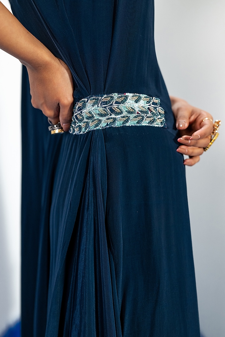 Blue Bamberg Satin & Natural Crepe Draped Summer Dress by Shristi Chetani at Pernia's Pop Up Shop