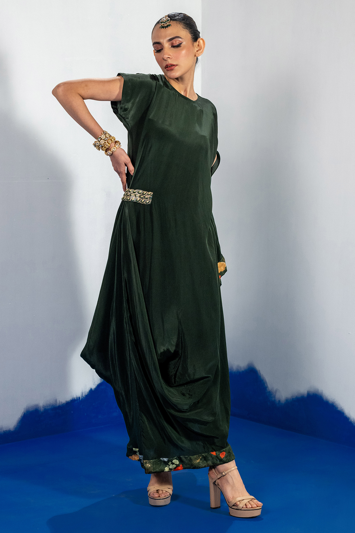 Green Bamberg Satin & Natural Crepe Draped Dress by Shristi Chetani at Pernia's Pop Up Shop