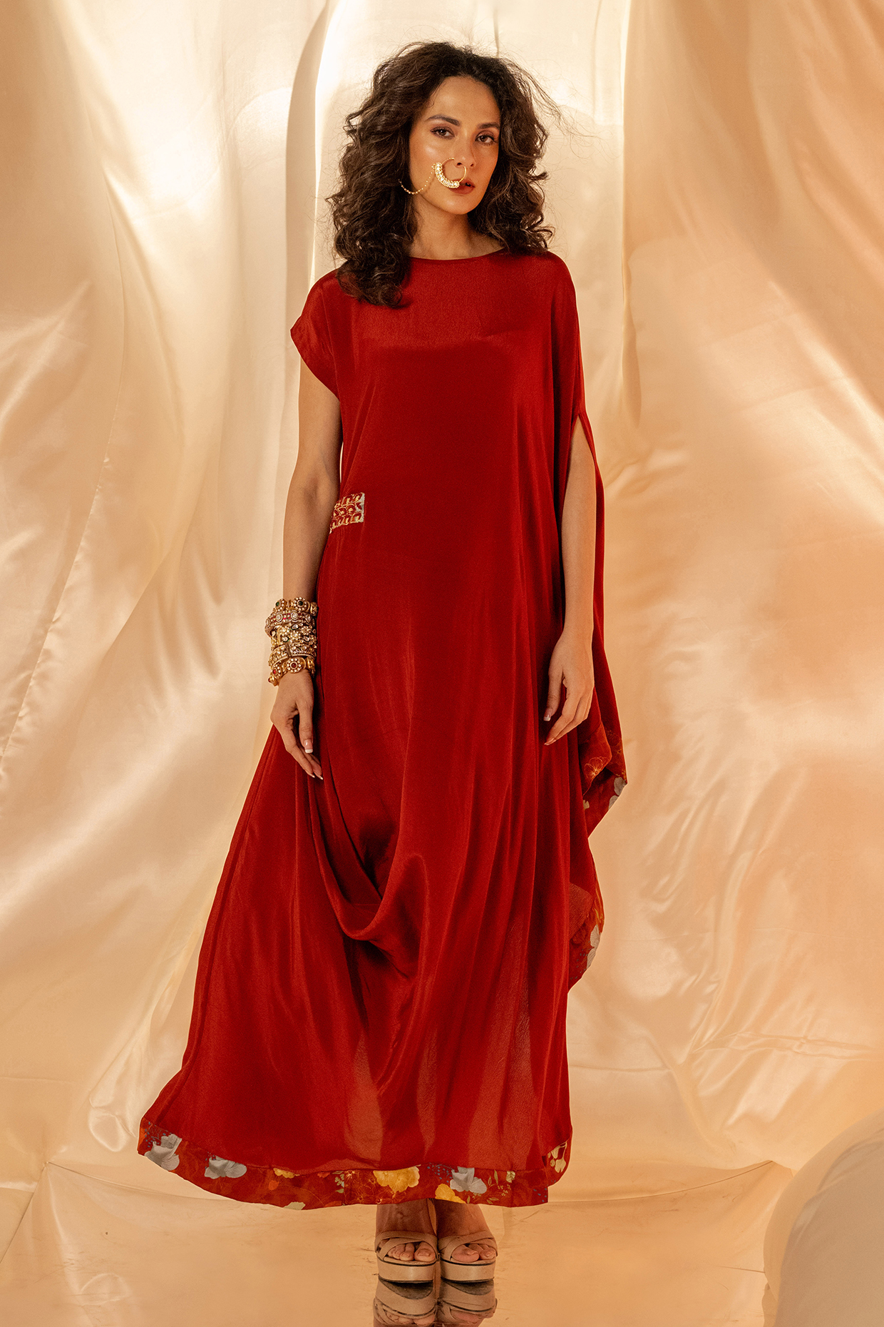 Red Bamberg Satin & Natural Crepe Draped Summer Dress by Shristi Chetani at Pernia's Pop Up Shop
