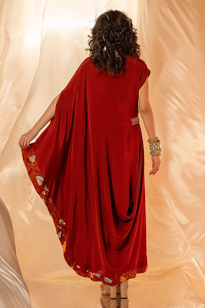 Red Bamberg Satin & Natural Crepe Draped Summer Dress by Shristi Chetani at Pernia's Pop Up Shop
