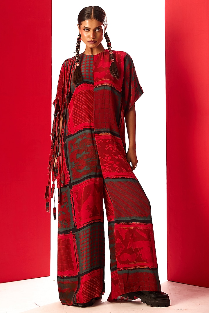 Red Crepe Digital Printed Box Jumpsuit by Shristi Chetani at Pernia's Pop Up Shop